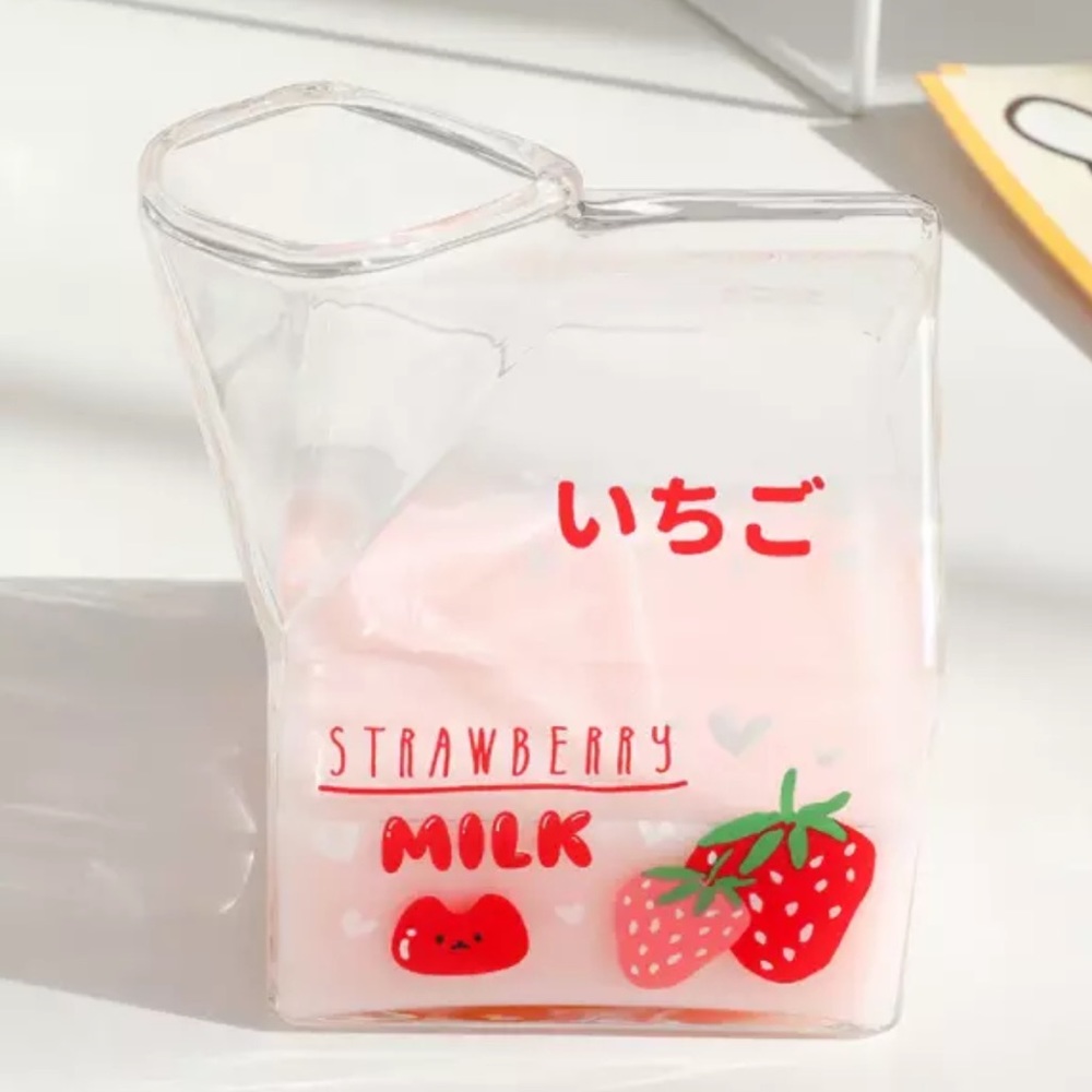 Glass cup milk carton creamer juice strawberry peach banana